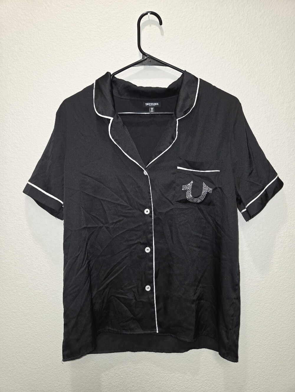 True Religion Black Short Sleeve Button-Up Pajama Top with White Piping